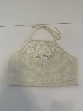 Free People One Cream Crochet Halter Crop Top Boho Western Festival Cottage Med
